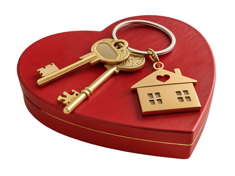 3D render design template with golden key and a house shaped keychain on a heart shaped gift red colour white background PNG transparent