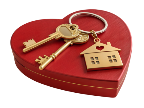 3D render design template with golden key and a house shaped keychain on a heart shaped gift red colour white background PNG transparent