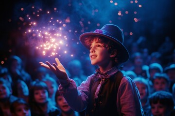 Young magician performing a magic trick with sparkling lights on stage