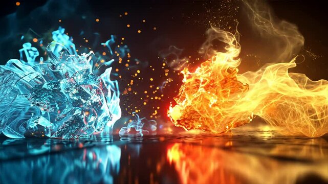 Dynamic Contrast of Fire and Ice Vibrant Flames and Cool Water Create Colorful, Abstract Energy in Stunning Visual Representation.