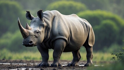 Fototapeta premium A rhinoceros standing in a muddy patch with a backdrop of lush greenery
