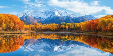 Obraz premium Colorful autumn trees reflecting in a lake with snowy mountains in the background