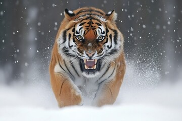 Siberian tiger running and roaring in the snow