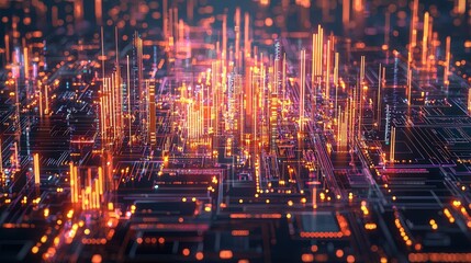 Obraz premium Abstract digital landscape with glowing circuits and vibrant light patterns, representing technology and innovation.