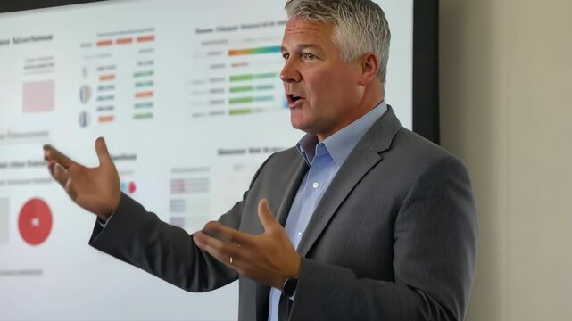 Mature man speaker on stage answering audience questions. Management coaching. Leader male in business suit conference speaker giving talk at meeting session, looking at the audience, gesturing hands