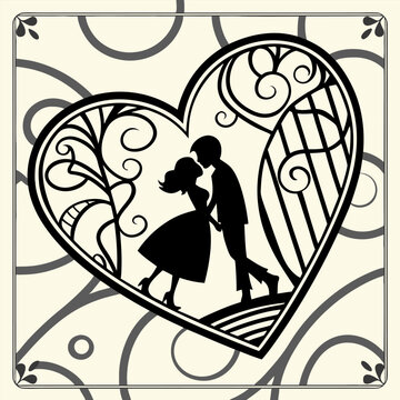 Happy Valentine Day Gift Card Couple with Heart Card Laser Cut black and white icon sign silhouette vector illustration 