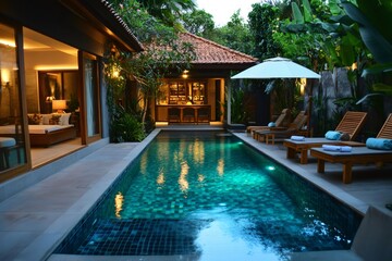 Luxurious tropical villa with private pool and bar at dusk