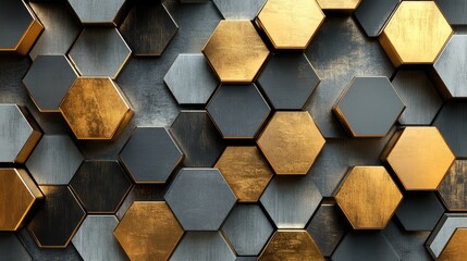 Abstract futuristic luxurious digital geometric technology hexagon background banner illustration 3d - Glowing gold, brown, gray and black hexagonal 3d shape texture wall