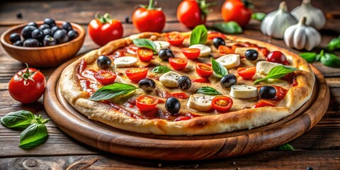 Delicious Homemade Pizza, Rustic Board, Panoramic View, Culinary Art