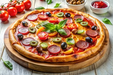 Delicious Italian Pizza Aerial View - Hot Pizza with Salami, Sausage, Olives, Jalapeno, Cheese,...