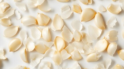 Peeled garlic cloves and their papery skins scattered on a white background