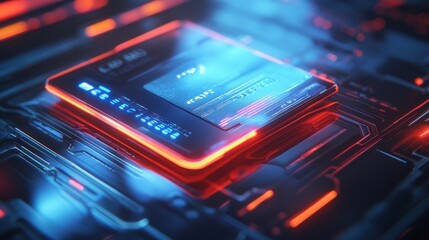 Obraz premium A close-up of a futuristic, contactless bank card on a shiny surface with glowing edges. 