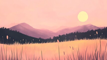 Obraz premium Serene sunset over a field of tall grass and distant mountains.