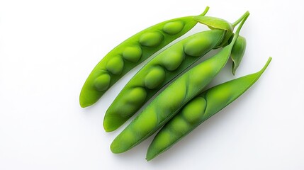 Fresh green pea pods arranged on a white background.