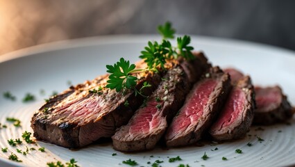 Fototapeta premium Sliced Grilled Beef Steak Garnished With Herbs