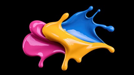 Colorful paint splashes in pink, blue, and yellow on a black background.