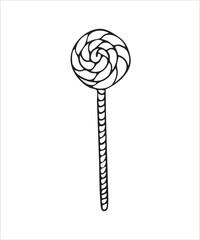 Vector doodles hand drawn birthday party staff, lolly-pop on stick, bon-bon, birthday decorations, festive doodles