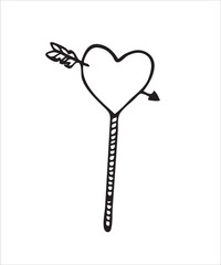 Vector doodles hand drawn birthday party staff, heart with an arrow on stick, birthday decorations, festive doodles