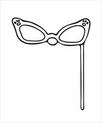 Vector doodles hand drawn birthday party staff, funny kitten eyeglasses, birthday decorations, festive doodles 
