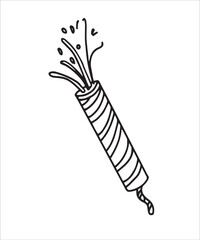 Vector doodles hand drawn birthday party staff, firecracker with confetti, fun decorations, festive doodles