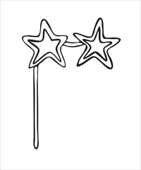 Vector doodles hand drawn birthday party staff, funny starry eyeglasses, birthday decorations, festive doodles, stick