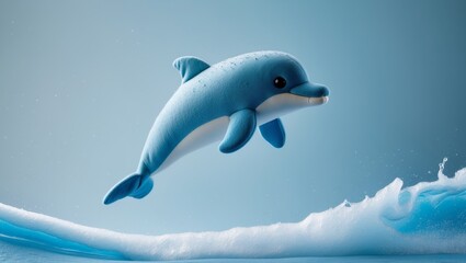 Playful Plush Dolphin Leaps Over a Textured Blue Wave