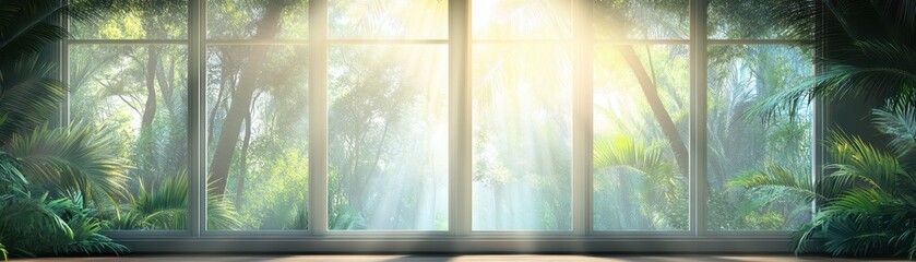 Bright and airy room with large window scenic greenery view sunlit