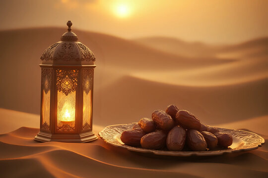Holy month of Ramadan concept. Ramadan lantern (Fanous), dates in the copper plate. Righteous Muslim Lifestyle. The desert, sand dunes on blurred background. Place for text.