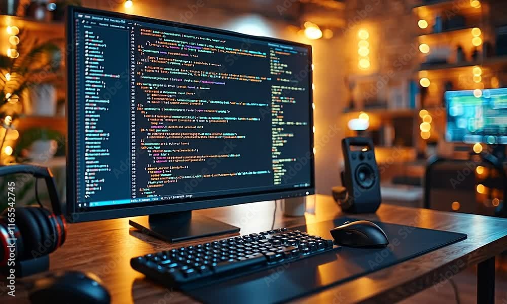 Wall mural computer screen displaying code at a programmer's desk.