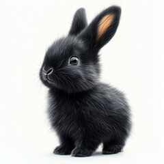 Obraz premium Adorable fluffy black bunny with large ears and curious expression standing against a light background, perfect for pet-related themes or spring concepts
