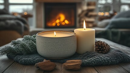 Cozy Winter Scene With Lit Candles And Fireplace