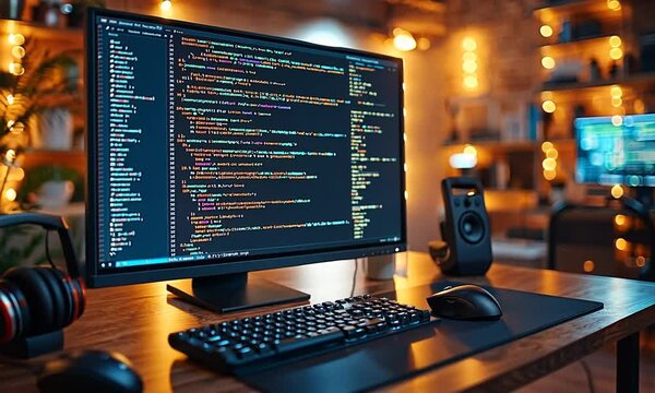 Computer screen displaying code at a programmer's desk.