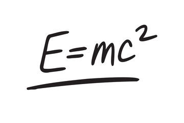 e equal mc2 formula. Physics formula hand drawing e equal sign mc2. energy, mass and speed of light doodle line lettering.