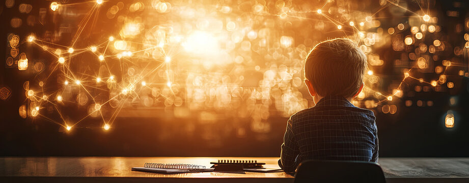 child gazes at glowing network of lights, symbolizing creativity and learning
