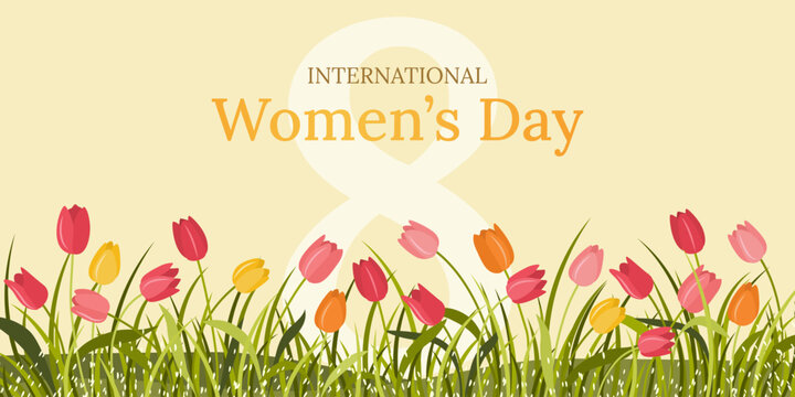 International Women's Day. Horizontal floral banner with tulip flowers and number 8. Elegant spring background or flyer for March 8. Modern vector template for international women's celebration.
