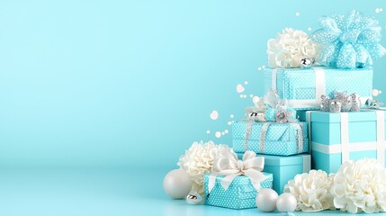 Stack of blue boxes with white bows on top and white flowers underneath