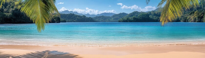 Fototapeta premium Idyllic tropical beach paradise, palm tree swaying over crystal blue ocean tranquil