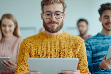 focused man in yellow sweater using tablet, surrounded by others in collaborative setting