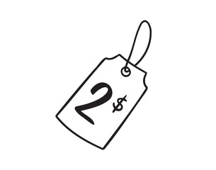 2 dollars sprice tag doodle hand drawn icon. Outline drawing two dollar price tag line clipart symbol. Isolated price tag