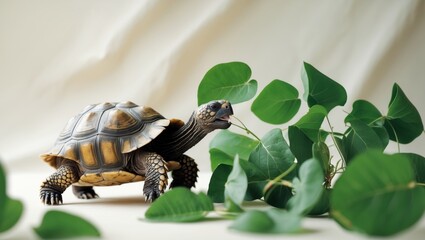 Naklejka premium Small tortoise nibbling on vibrant green leaves