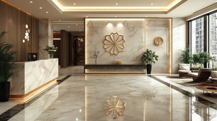 Elegant lobby with marble decor and modern furnishings.