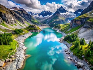 Fototapeta na wymiar Drone Photography: Shrinking Mountain Lake & Glacial Melt