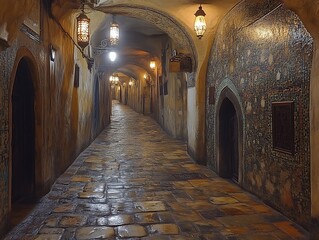Illuminated arched passageway with tiled walls.