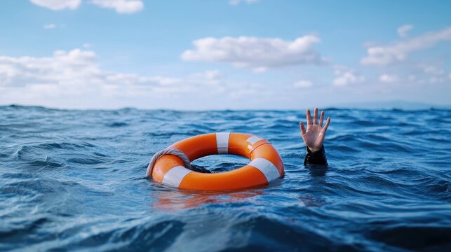 Person struggling in ocean with hand raised near floating lifebuoy, symbolizing rescue, survival, and emergency.