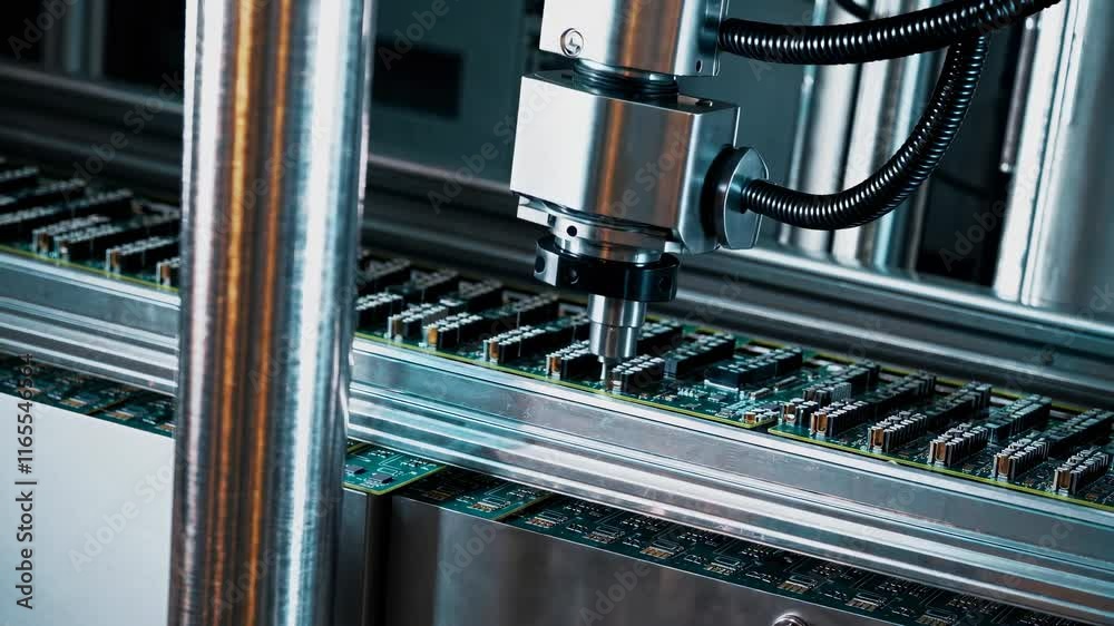 Poster automated machine performing precision assembly of electronic components for circuit boards in a hig