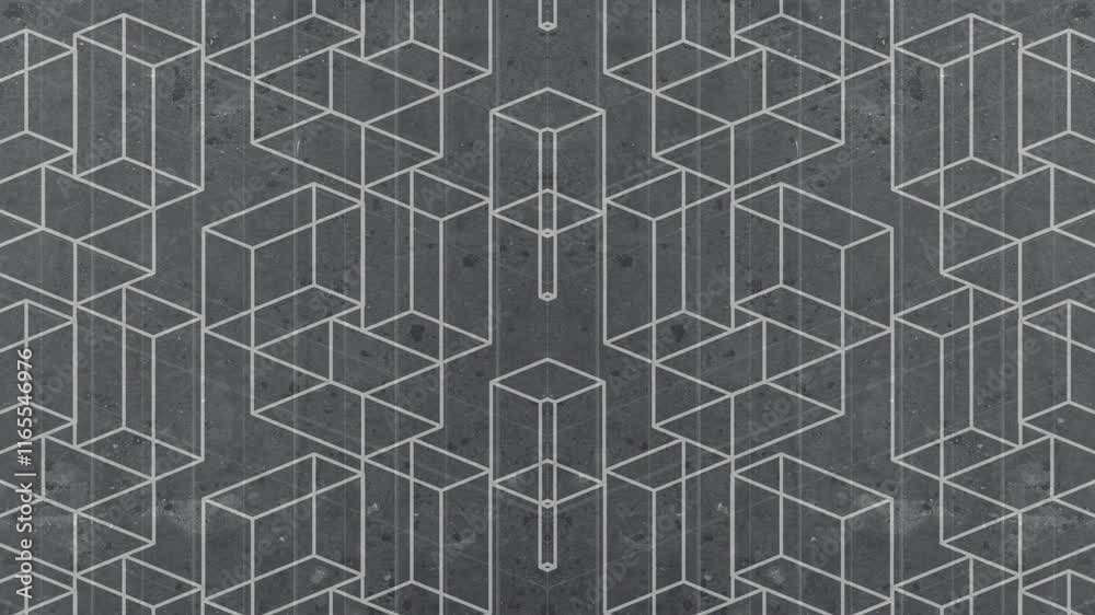 Leinwandbilder Digital seamless loop animation of white rectangular objects rotating and transforming into a dynamic abstract flat pattern on a dark scratched background. Optical illusion effect. 3d rendering 4K