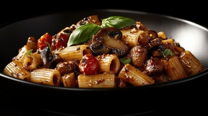 A hearty serving of rigatoni pasta, slow-roasted with tomatoes and mushrooms. Garnished with fresh basil leaves and a sprinkle of chili flakes to add a touch of spice.