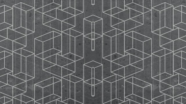 Digital seamless loop animation of white rectangular objects rotating and transforming into a dynamic abstract flat pattern on a dark scratched background. Optical illusion effect. 3d rendering 4K