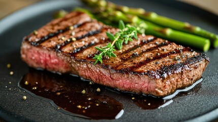 A delicious dish with perfectly cooked steak, grilled or medium-fried, served with grilled asparagus and sprinkled with fresh thyme.