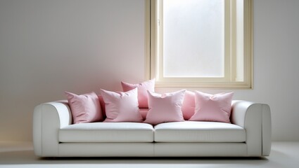 Pink pillows rest on a white couch near a window